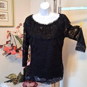 NWT Simon Chang Women’s Black Lace Ruffle Scoop Neck 3/4 Sleeve Blouse Top  6
